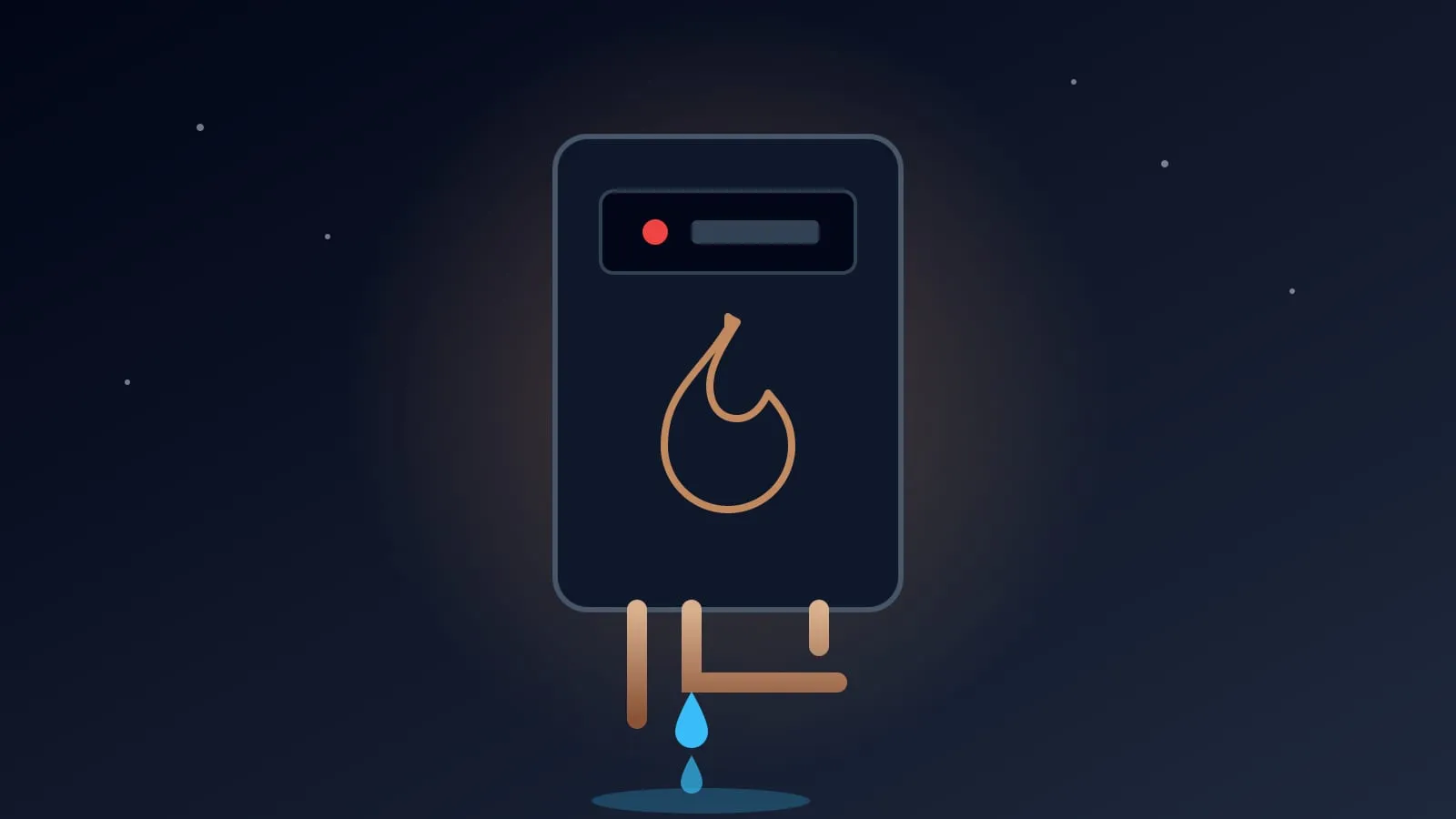 Illustration of a wall-mounted boiler with a red fault light and water dripping from its copper pipes